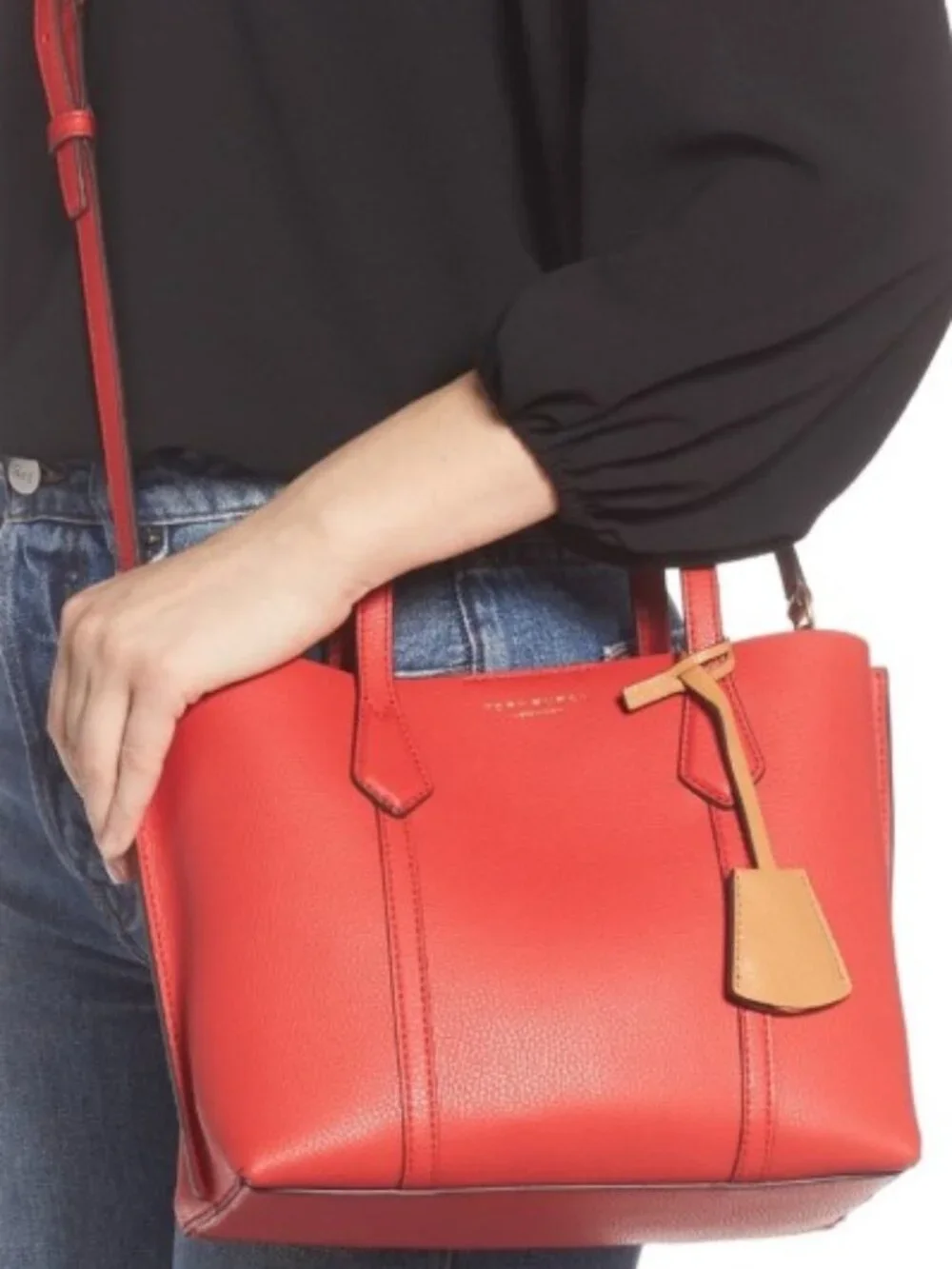 Tory Burch Perry Small Red Leather Tote Detachable Strap Crossbody